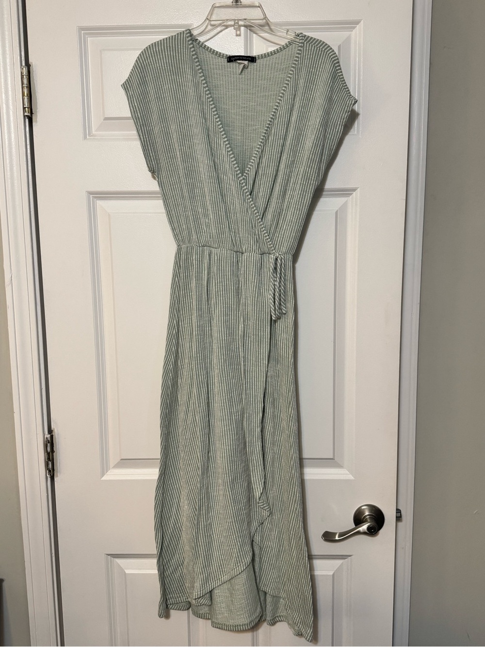Caution to the Wind Soft Sage Green Textured Striped Hi-lo Summer Wrap Dress Med